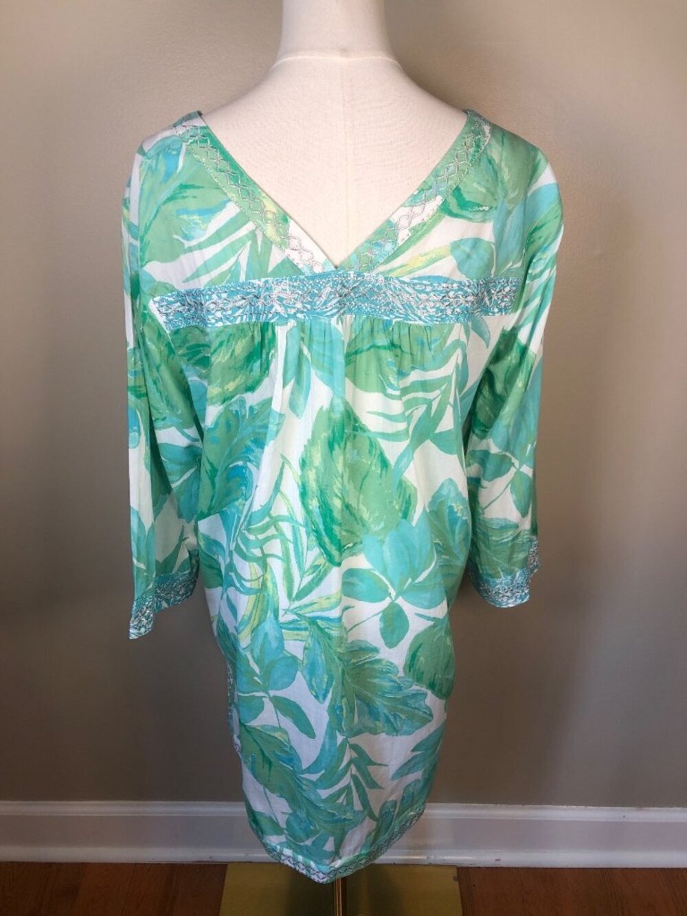 Christian Siriano Tropical Green & White Cover Up Tunic Size L Beach Bohemian - Picture 3 of 9